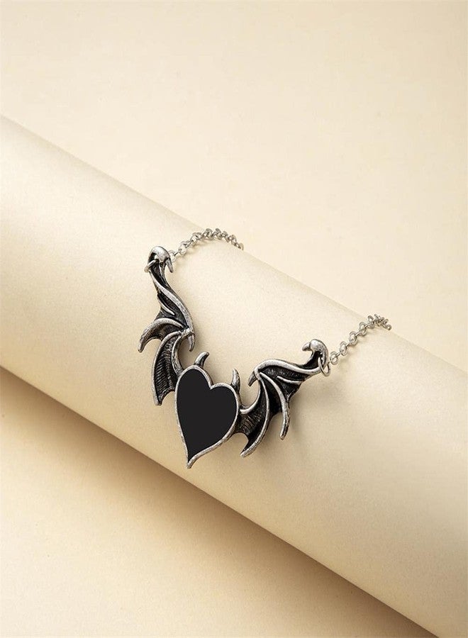 Kicomvi Evil Heart Bat Wing Necklaces Halloween Punk Demon Dragon Wing Love Heart Blue Evil Eye Pendant Necklace Couple Family Friendship Necklace Jewelry-black - Image 2